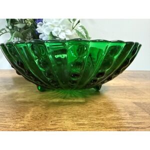 Vintage Emerald Green Glass Bowl MCM Swirl Bubble Design Decorative Serving Dish